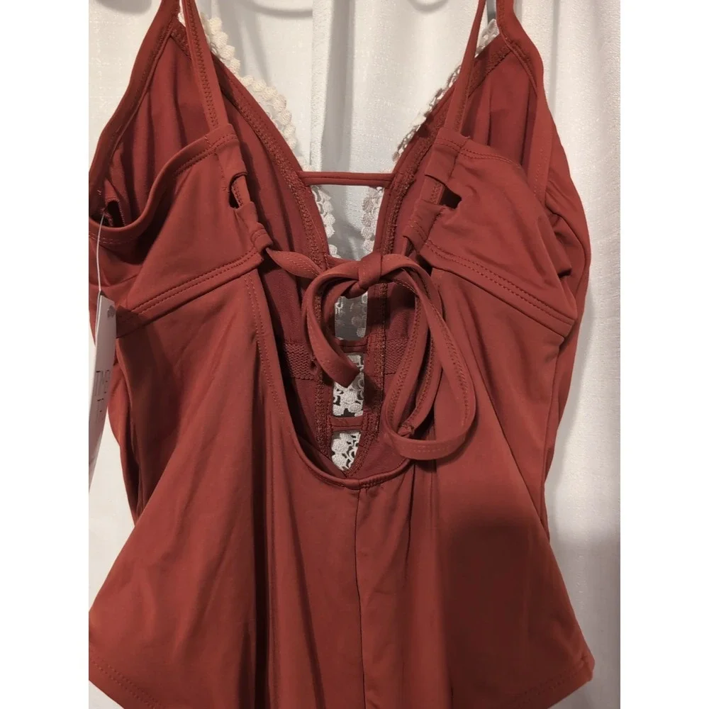 NWT Time and True One Piece Embroidered Front High Leg Low Tie Back Sz. M (8-10)
